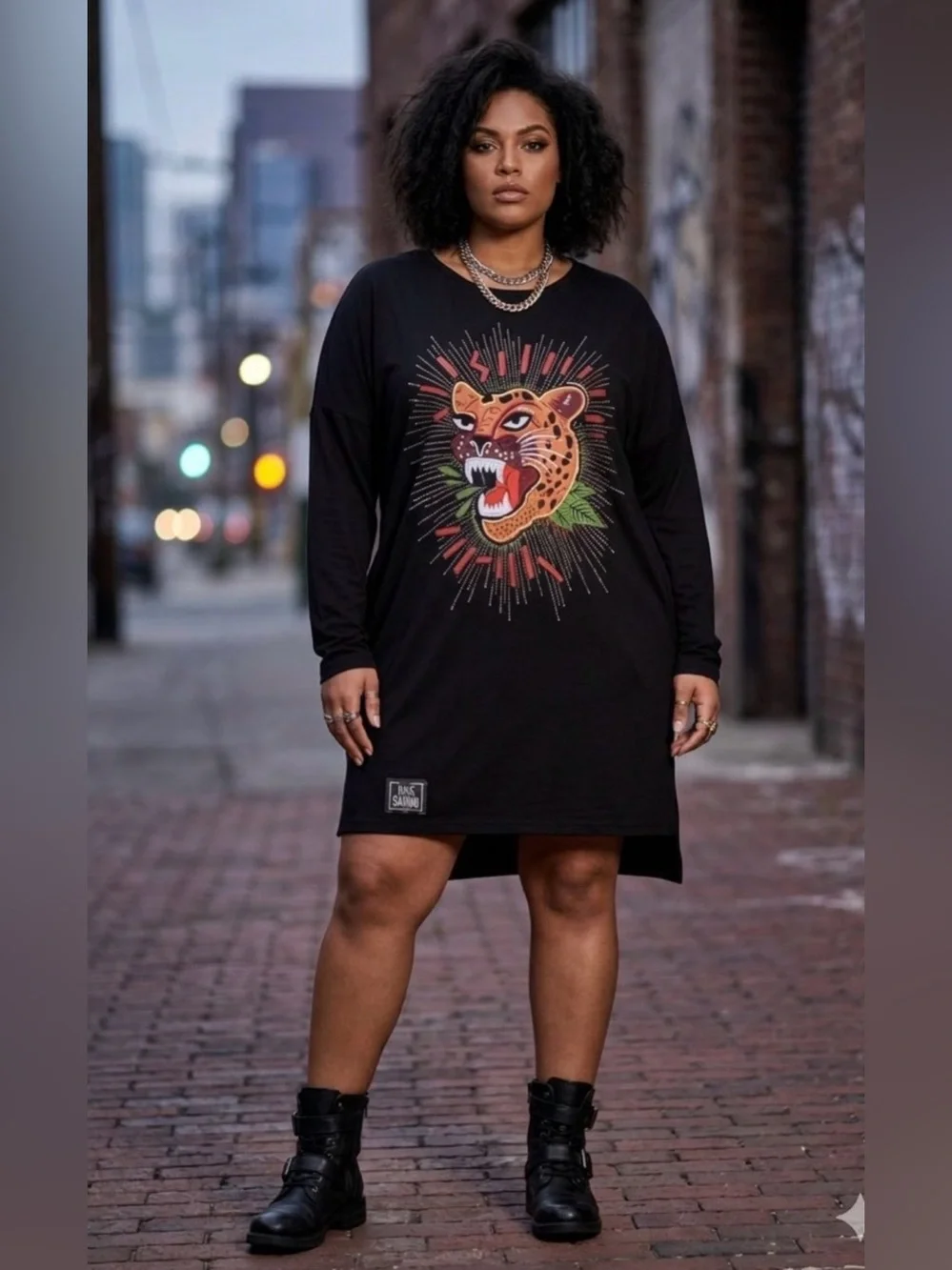 Darkwin By Darkmen NWT Black Oversized Graphic Tunic Dress Jaguar Leopard XL